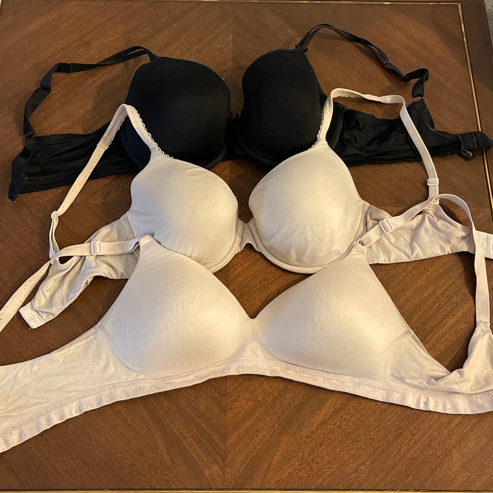Three well loved bras 36C-32DD Victoria secret, warners & Chantelle